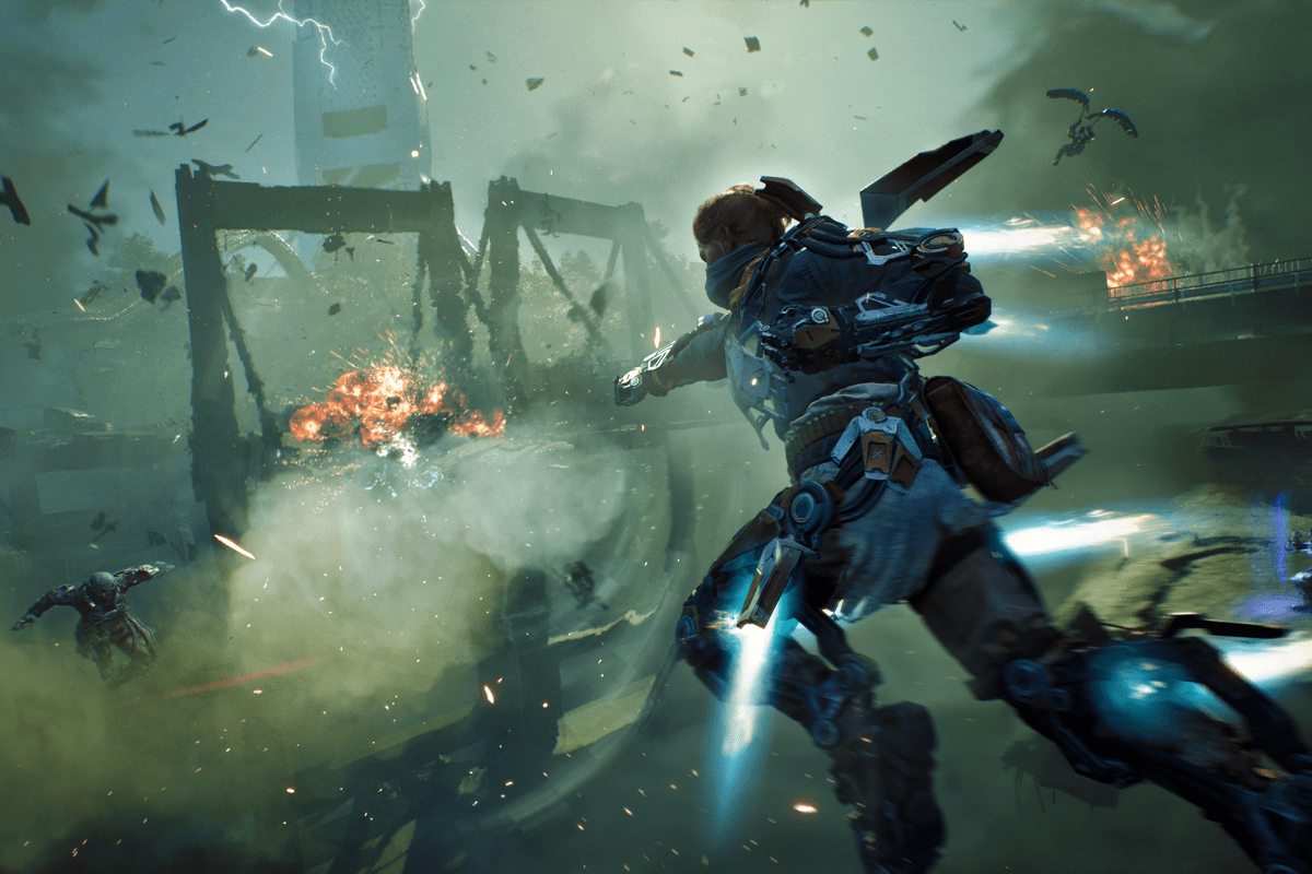 Screenshot from the Game Exoborne with a player doing a grappling hook manouver